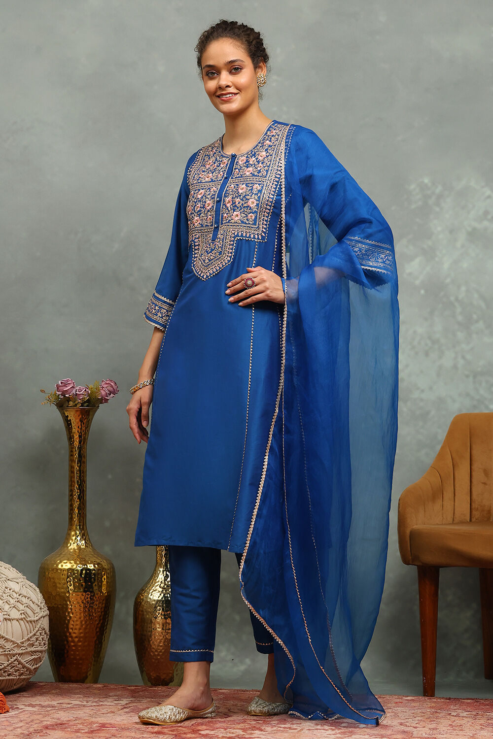 Blue Viscose Blend Embroidered Kalidar Suit Set image number 6