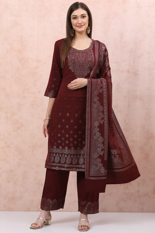 Maroon Art Silk Straight Suit Set image number 0