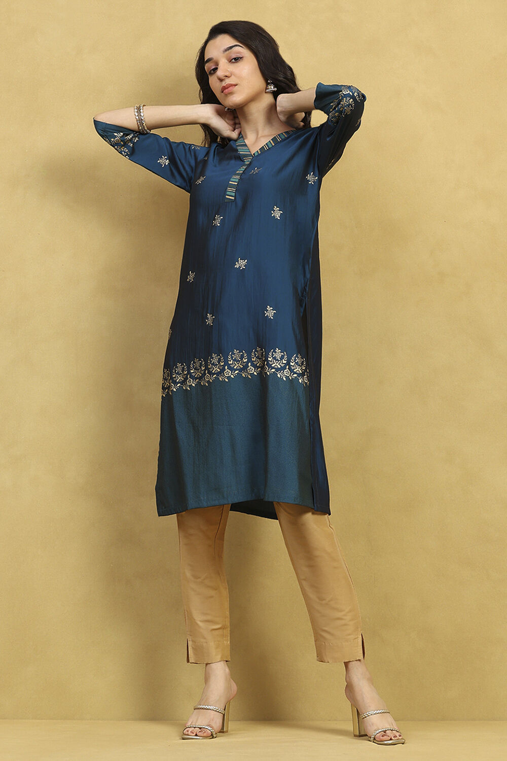 Blue Art Silk Printed Straight Kurta image number 0