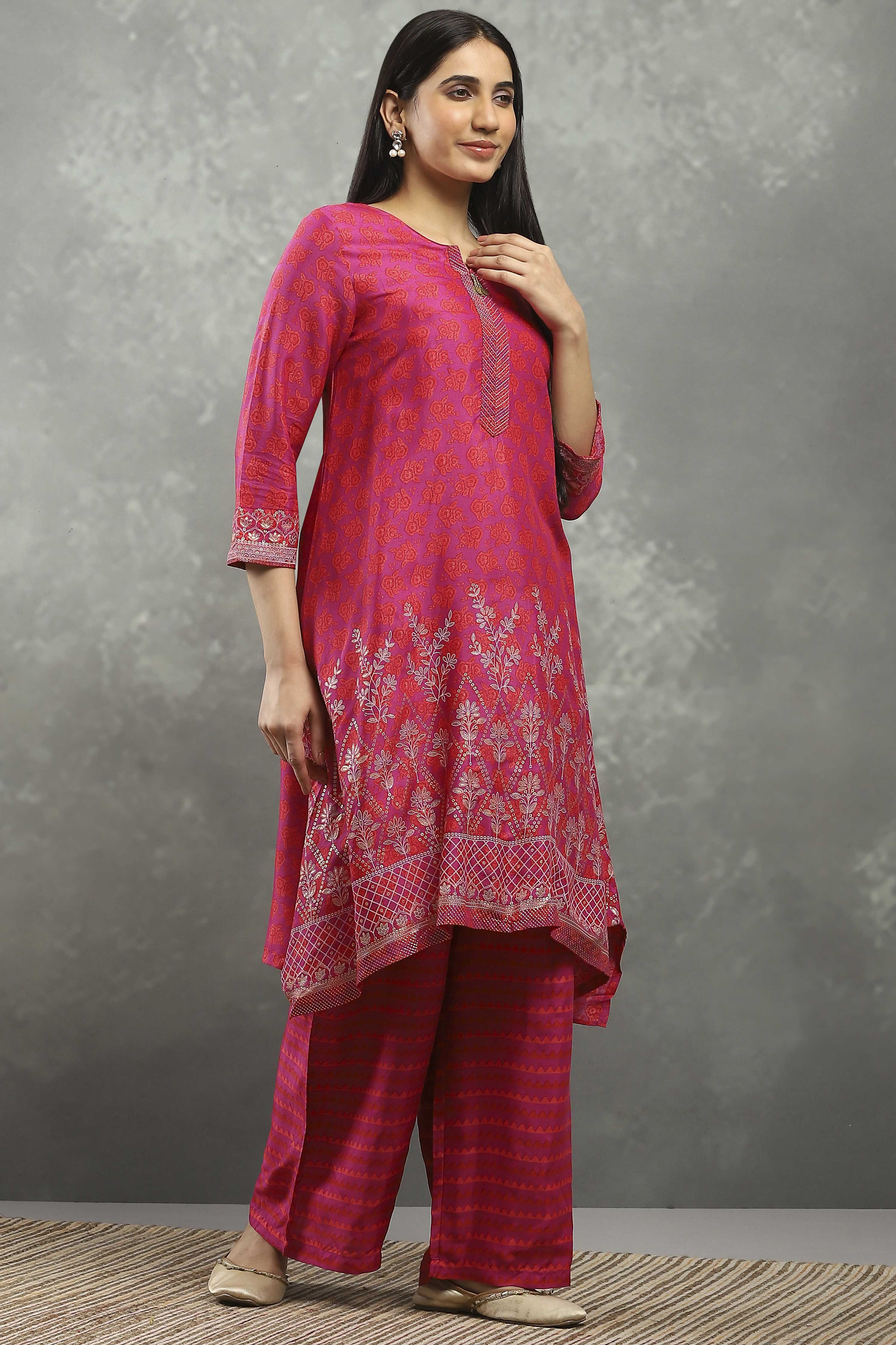 Purple Viscose Straight Kurta Pants Set image number 5