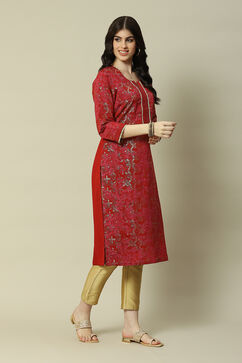 Red LIVA Straight Printed Kurta image number 3