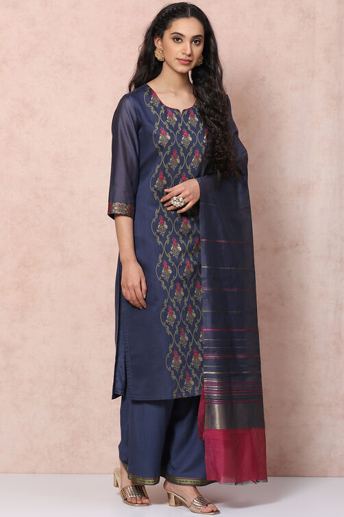 Blue Art Silk Straight Suit Set image number 6