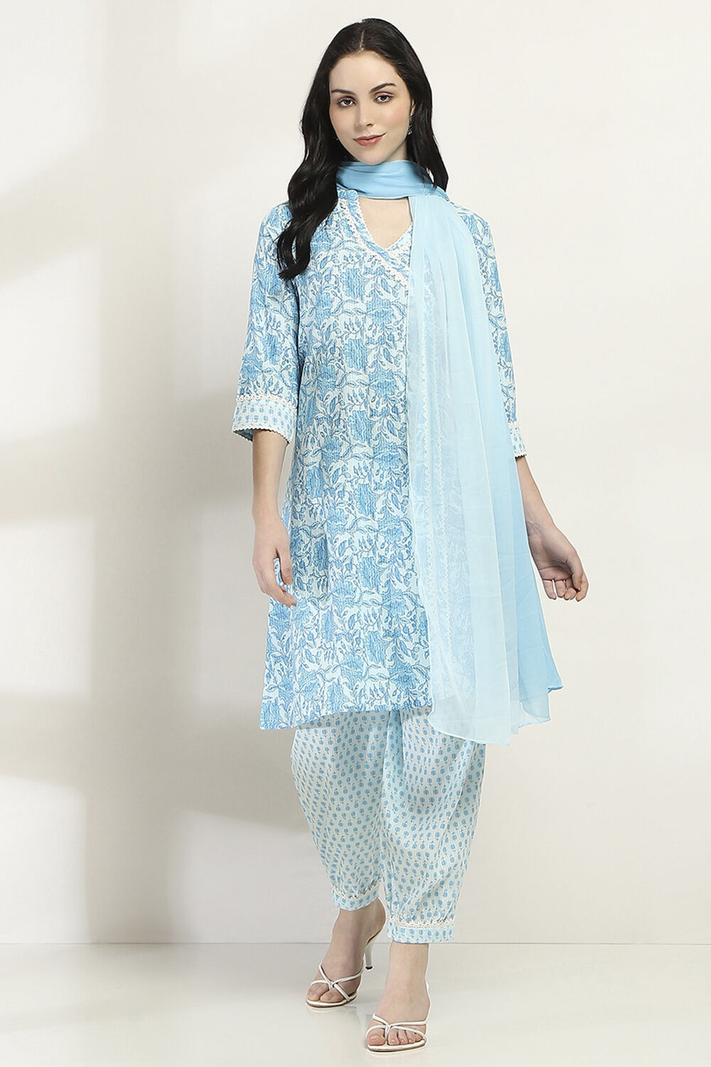 Blue Cotton Printed Straight Suit Set image number 6