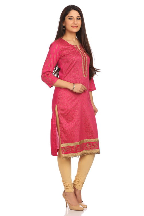 Pink Cotton Straight Kurta image number 1