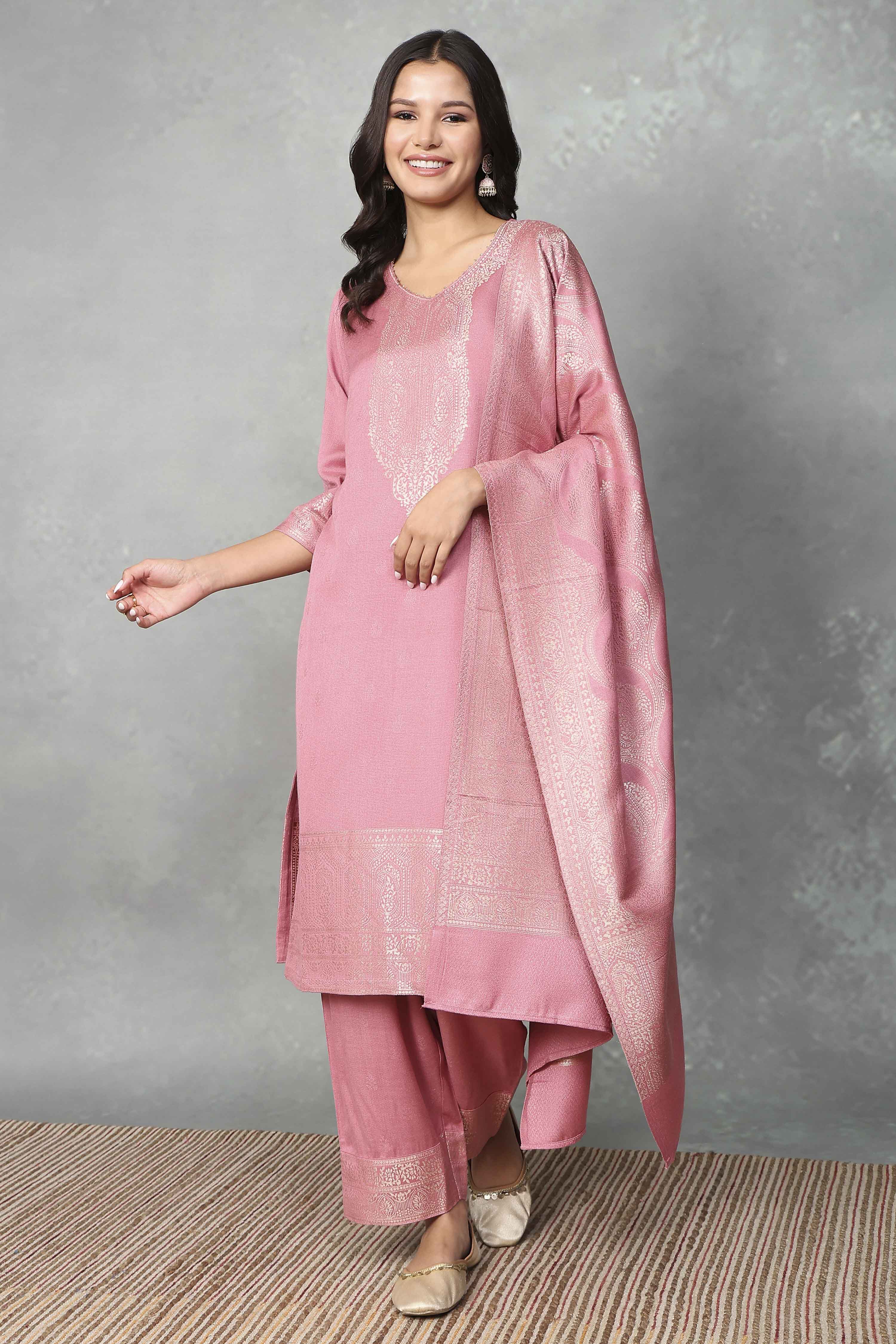 Pink Polyester Yarndyed Straight Suit Set image number 6