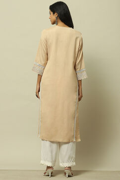 Beige Schiffli Detail Straight Kurta image number 3