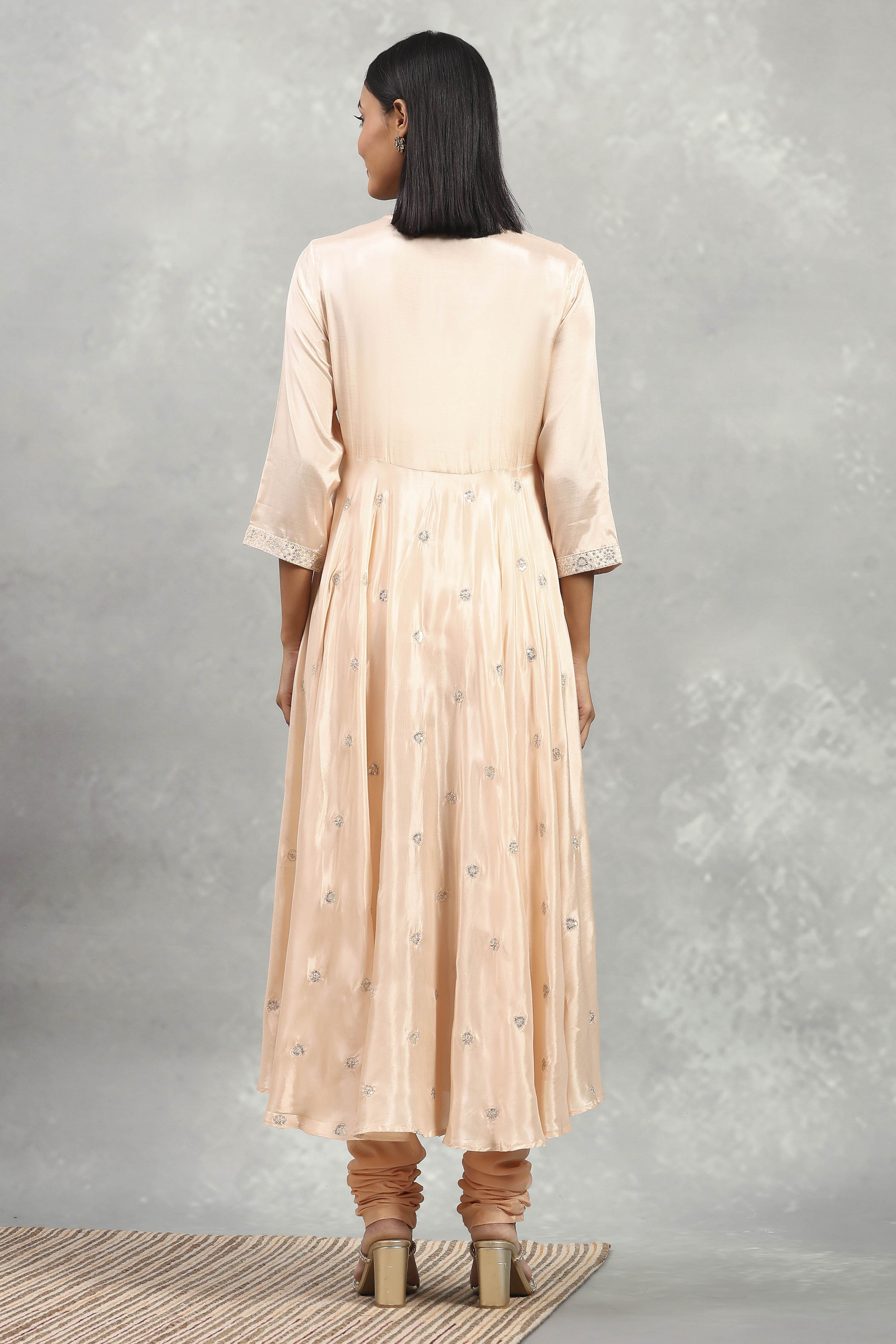 Beige Viscose Rayon Embroidered Anarkali Suit Set image number 3