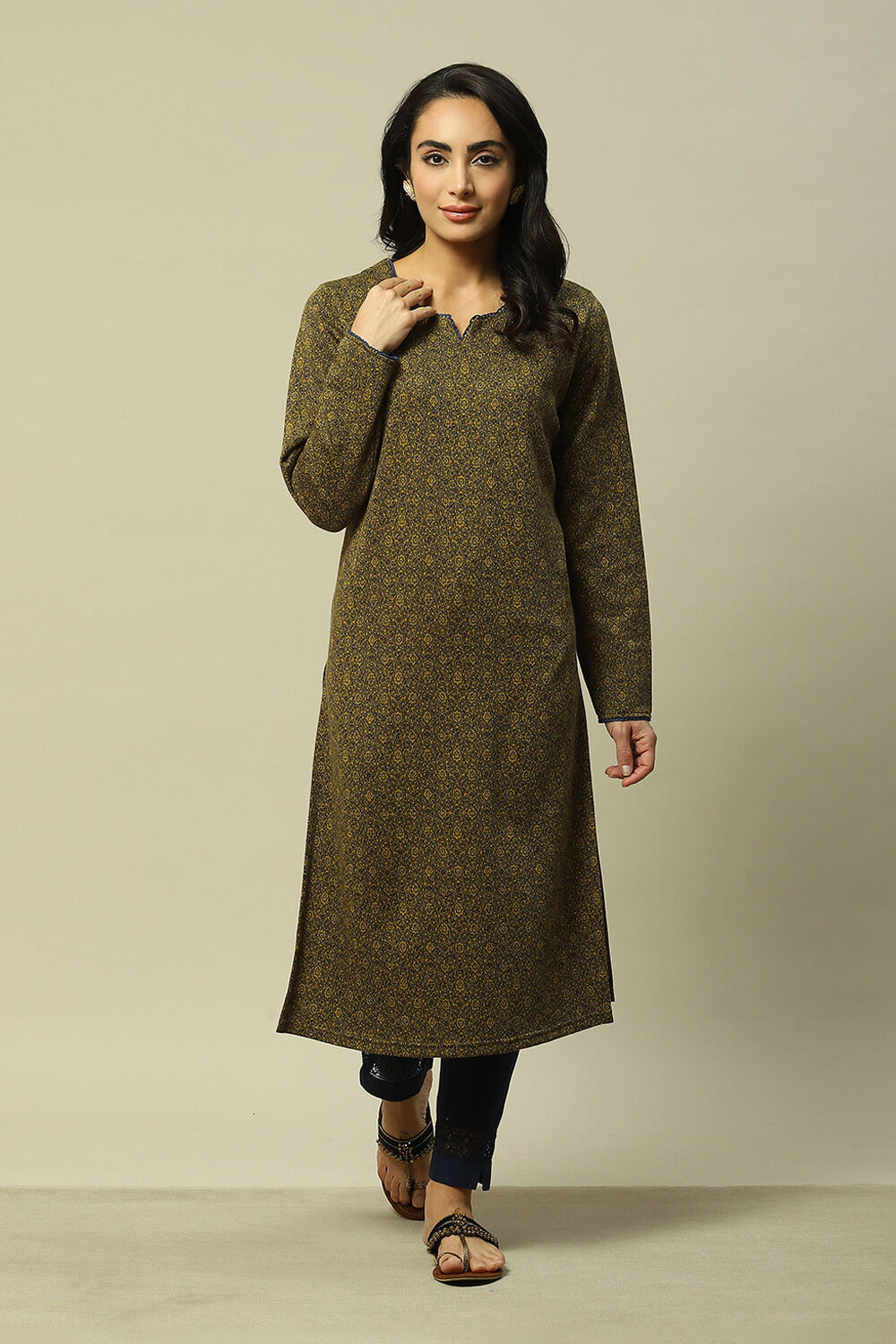 Olive Cotton Blend Straight Printed Kurta image number 5