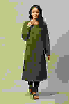 Olive Cotton Blend Straight Printed Kurta image number 5