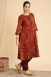 Orange Viscose Blend Straight Printed  image number 4