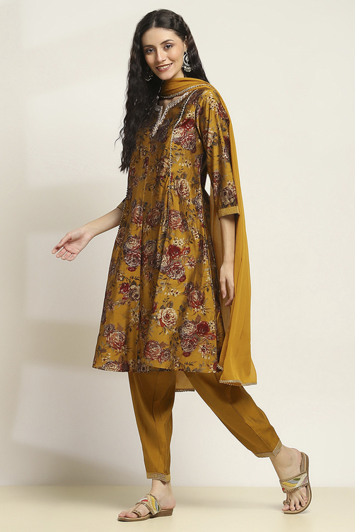 Mustard Viscose Blend Printed Kalidar Suit Set image number 3