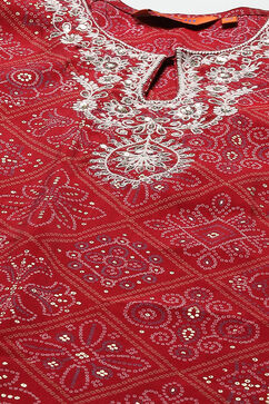 Deep Red Bandhani Straight Kurta & Salwar Suit Set image number 1