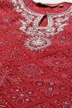 Deep Red Bandhani Straight Kurta & Salwar Suit Set image number 1