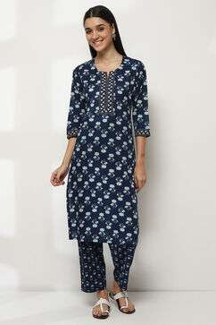 Indigo Cotton Floral Straight Kurta image number 5