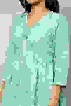 Aqua Blue Viscose Printed Gathered A-Line Kurta image number 1