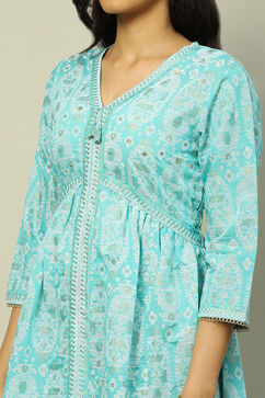 Aqua Blue Viscose Printed Gathered A-Line Kurta image number 1