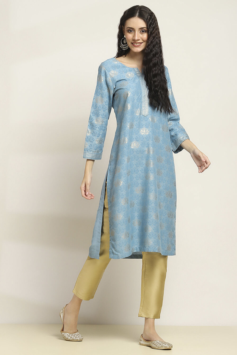 Blue Printed Straight Kurta image number 4