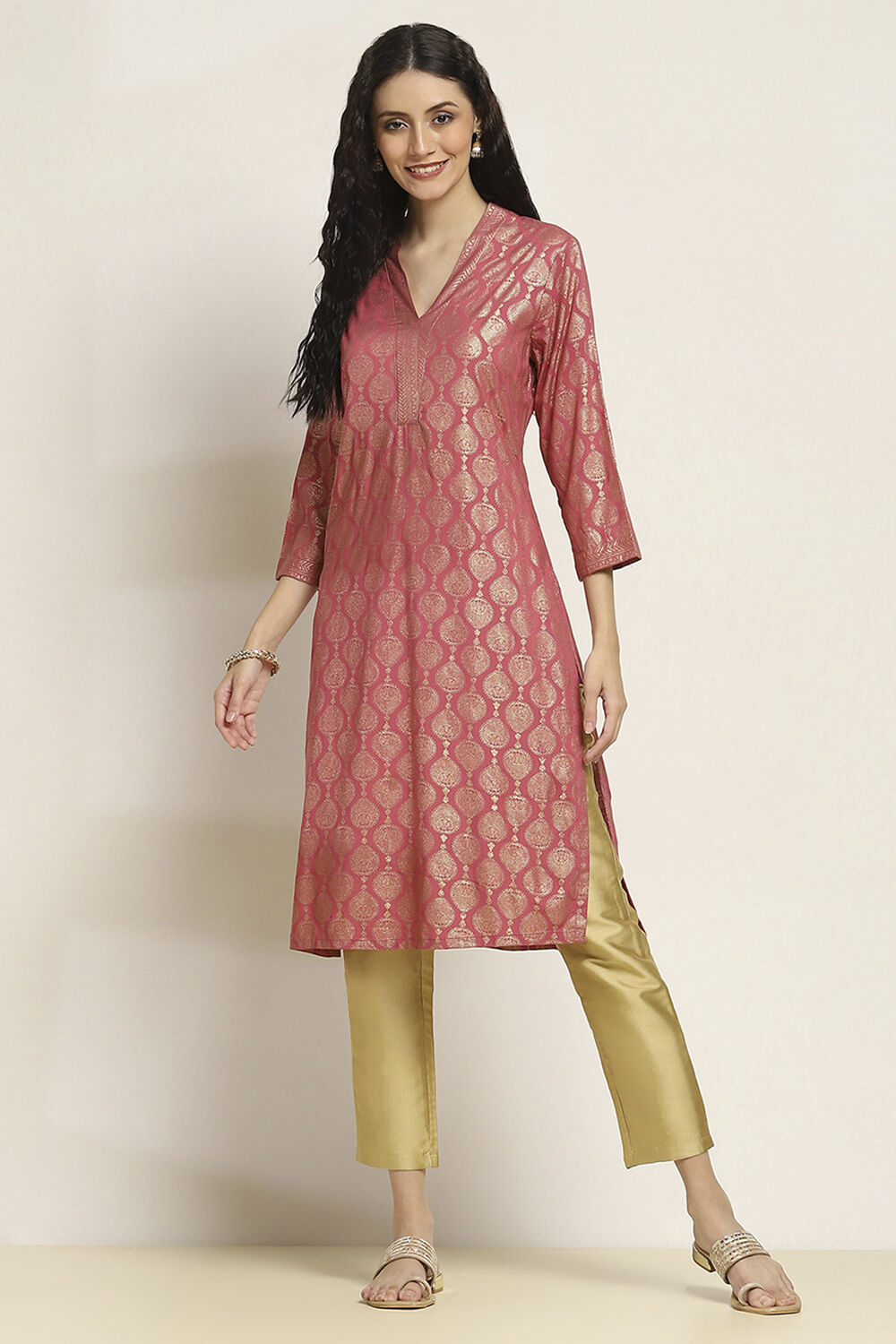 Pink Viscose Blend Printed Straight Kurta image number 0