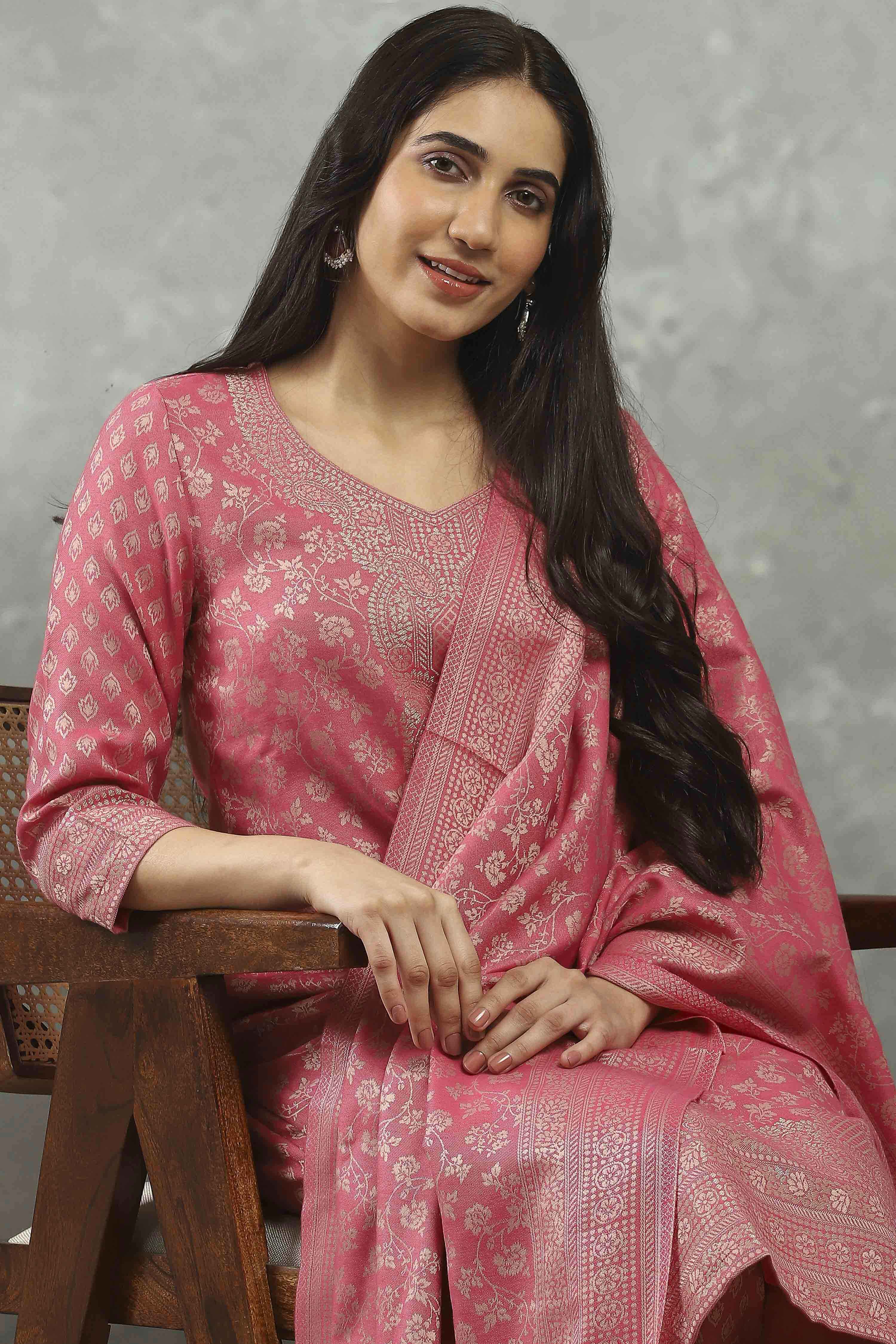 Coral Polyester Yarndyed Straight Suit Set image number 7