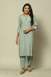 Blue Cotton Blend Straight Printed Kurta Palazzo Suit Set image number 6