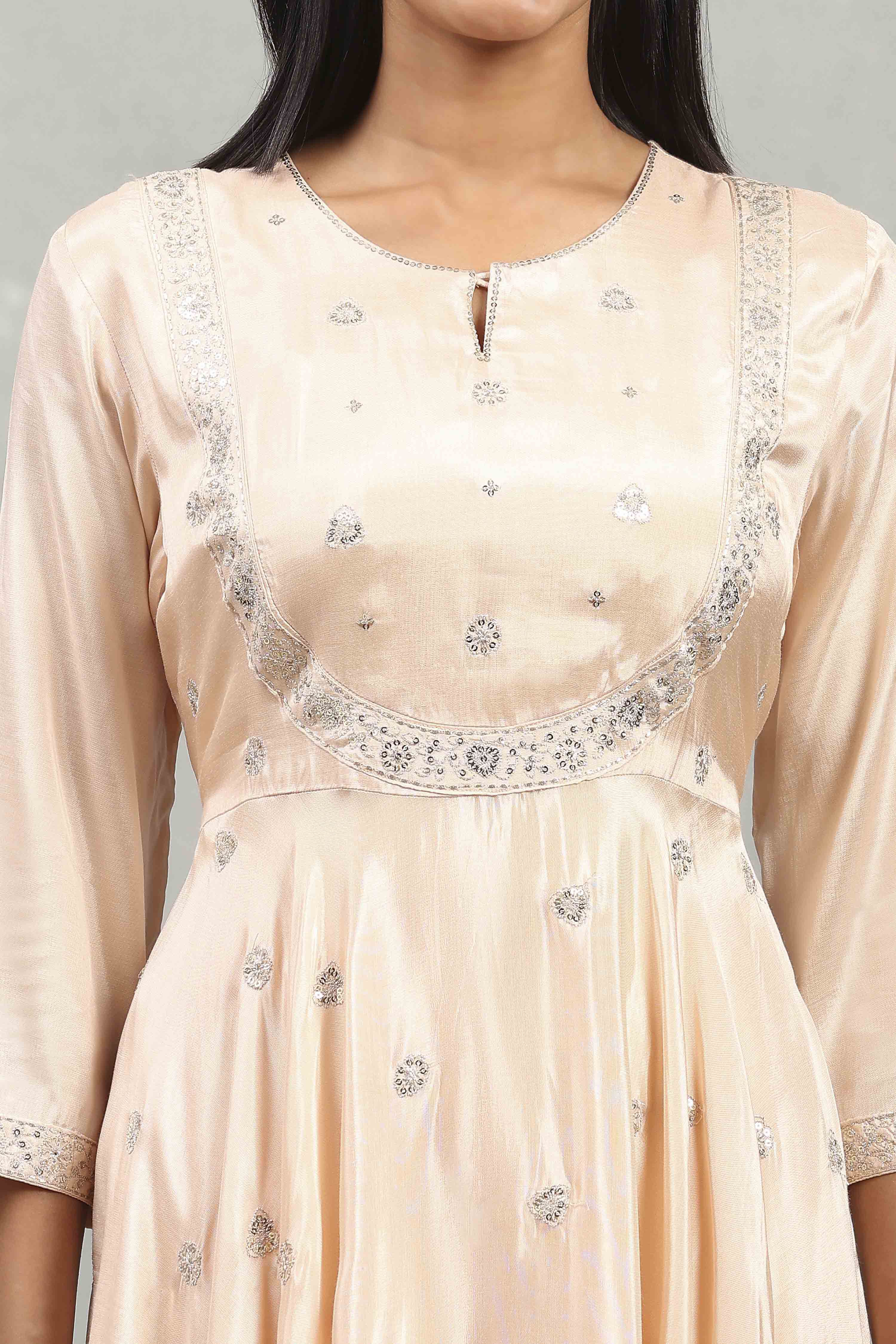 Beige Viscose Rayon Embroidered Anarkali Suit Set image number 1