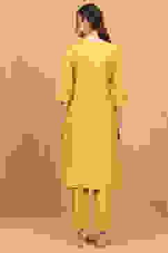 Yellow Viscose Blend Embroidered Straight Suit Set image number 4