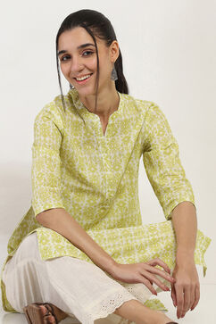 Lime Cotton Printed Straight Kurta image number 0