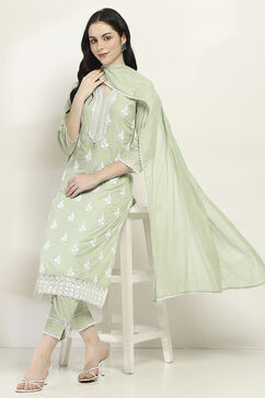 Sage Green Cotton Embroidered Straight Suit Set image number 0
