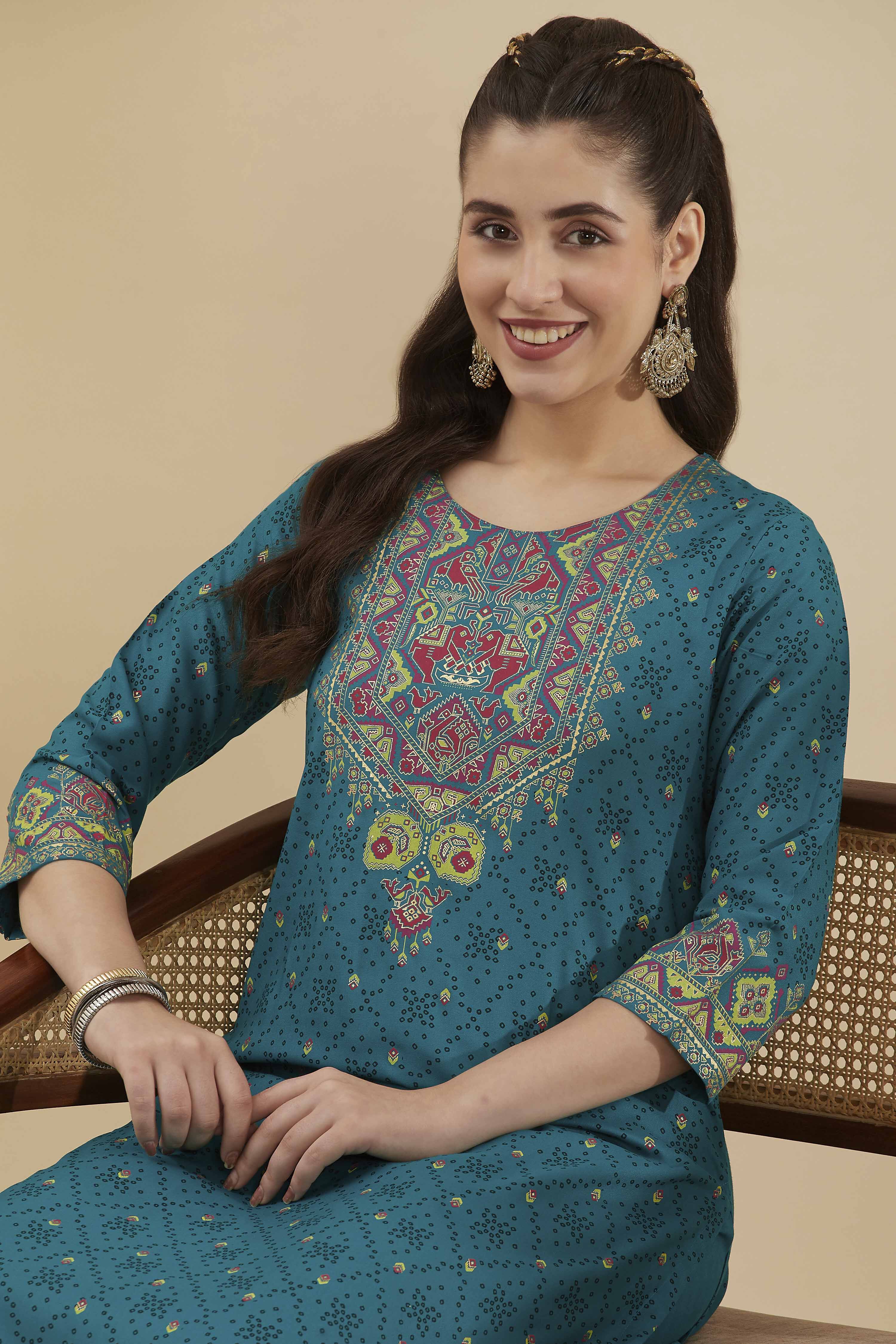 Emerald Green Viscose Rayon Straight Printed  image number 1