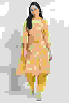 Yellow Cotton Floral Straight Suit Set image number 6