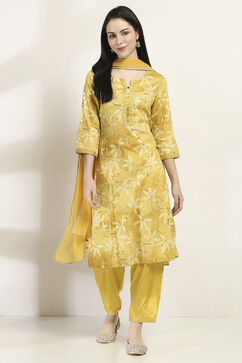 Yellow Cotton Floral Straight Suit Set image number 6