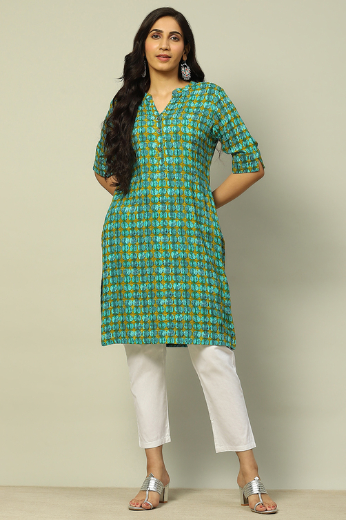 Blue Geometric Printed Straight Kurta image number 0