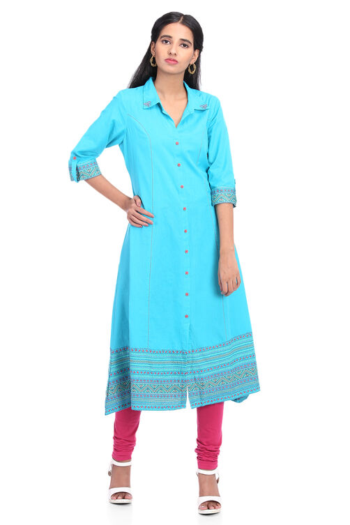 Turquoise Flared Cotton Kurta image number 0