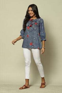 Indigo Blue LIVA Straight Printed Top image number 0