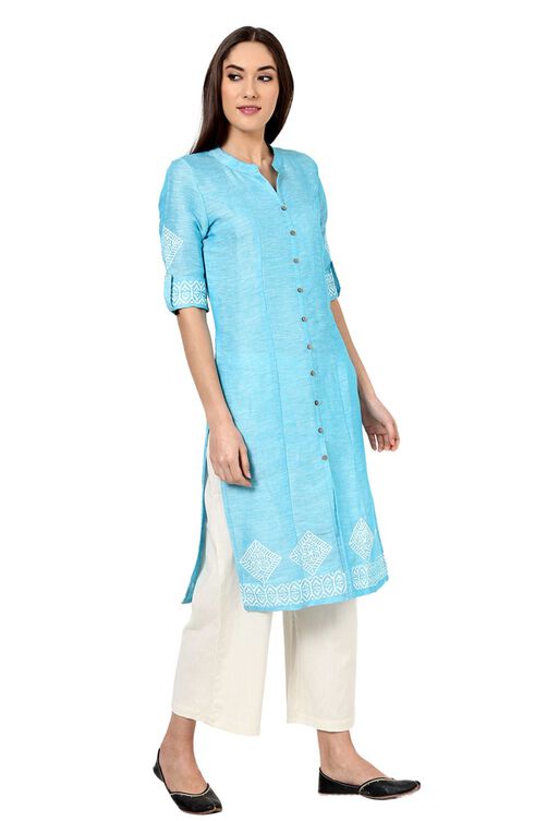 Blue Straight Poly Cotton Kurta image number 5