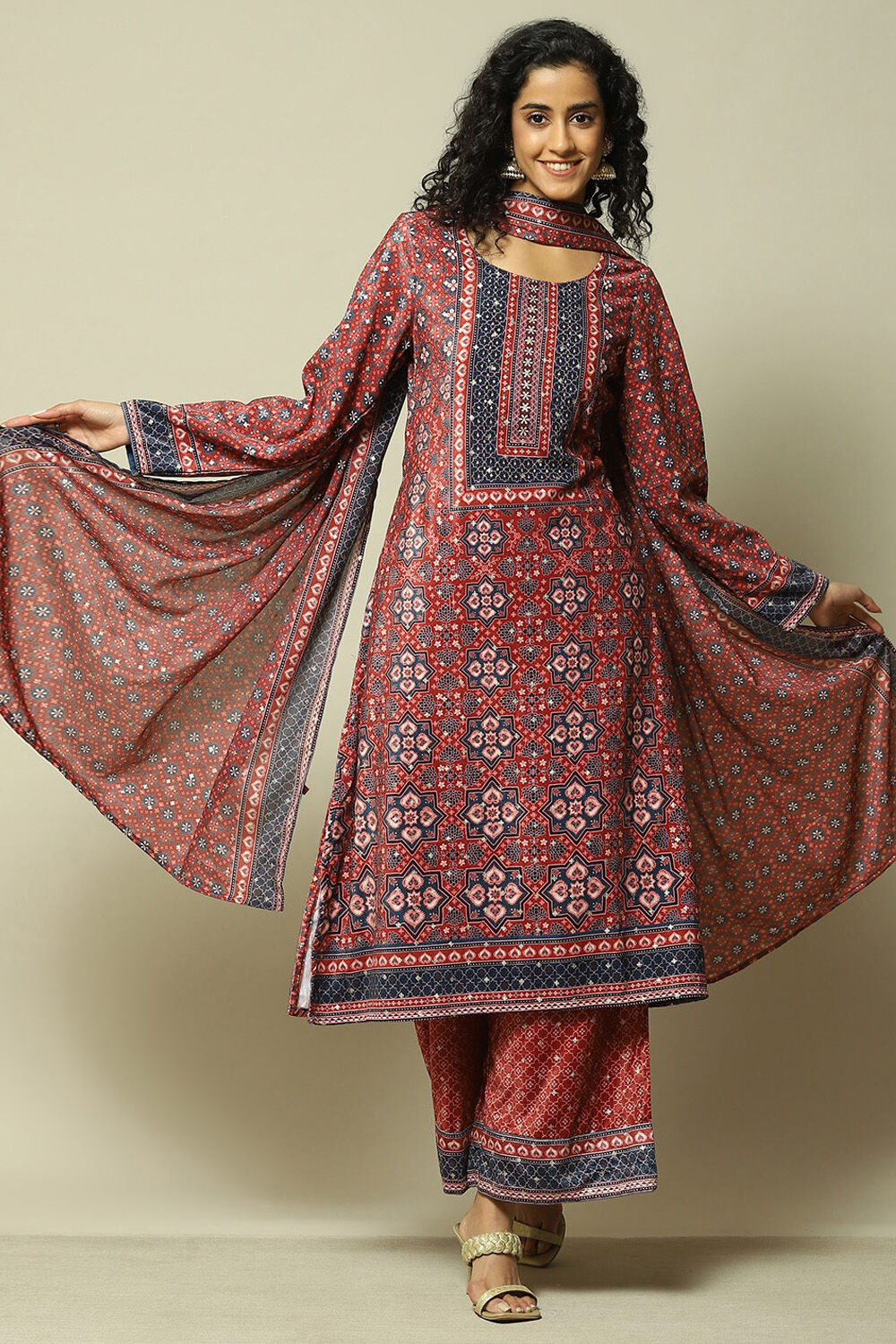 Maroon Polyester Straight Printed Kurta Palazzo Suit Set image number 0