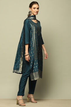 Blue Viscose Blend Straight Yarn Dyed Kurta Palazzo Suit Set image number 5
