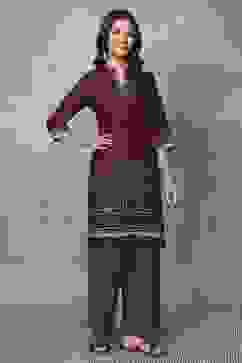 Wine Viscose Polyester Viscose Rayon Kurta Pants Set image number 5