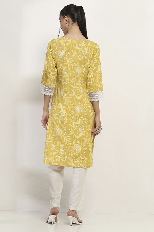 Yellow Cotton Straight Kurta image number 3