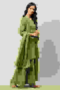 Golden-Olive Viscose Blend Straight Embroidered Kurta Sharara Suit Set image number 5