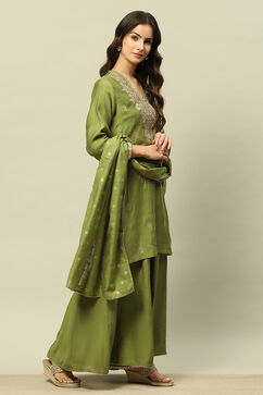 Golden-Olive Viscose Blend Straight Embroidered Kurta Sharara Suit Set image number 5
