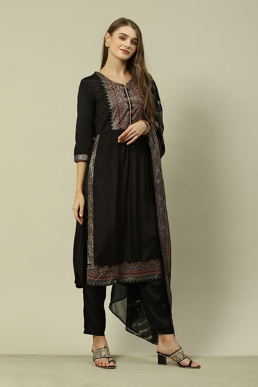 Black LIVA Straight Printed Kurta Slim Pant Suit Set image number 6