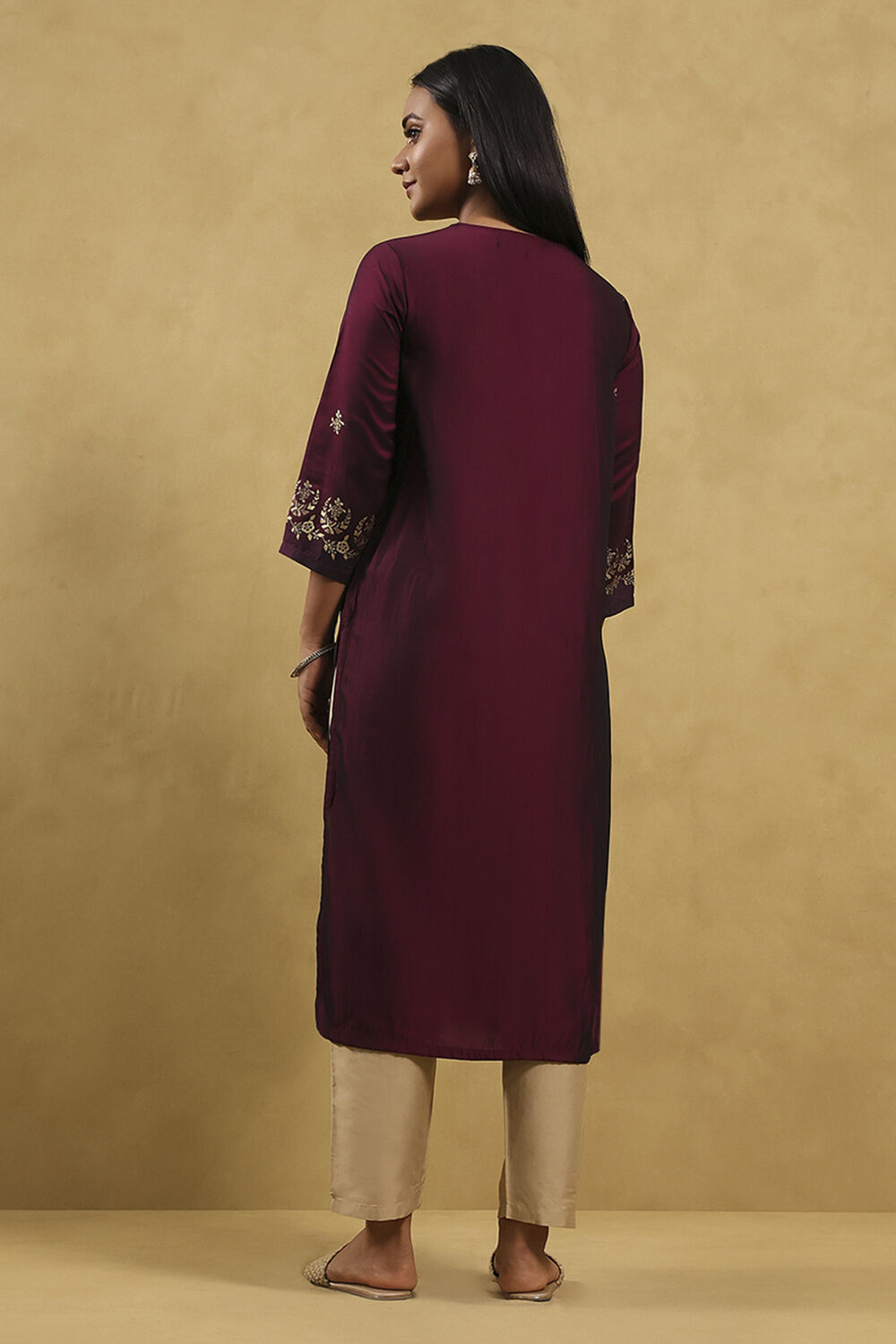 Wine Art Silk Printed Straight Kurta image number 3