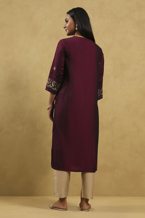 Wine Polyester Blend Printed Straight Kurta image number 3