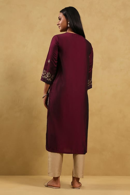 Wine Art Silk Printed Straight Kurta image number 3