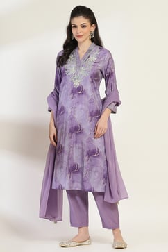 Purple Printed Straight Suit Set image number 3