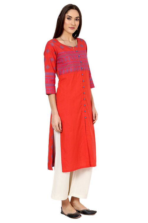 Orange Straight Poly Cotton Kurta image number 2