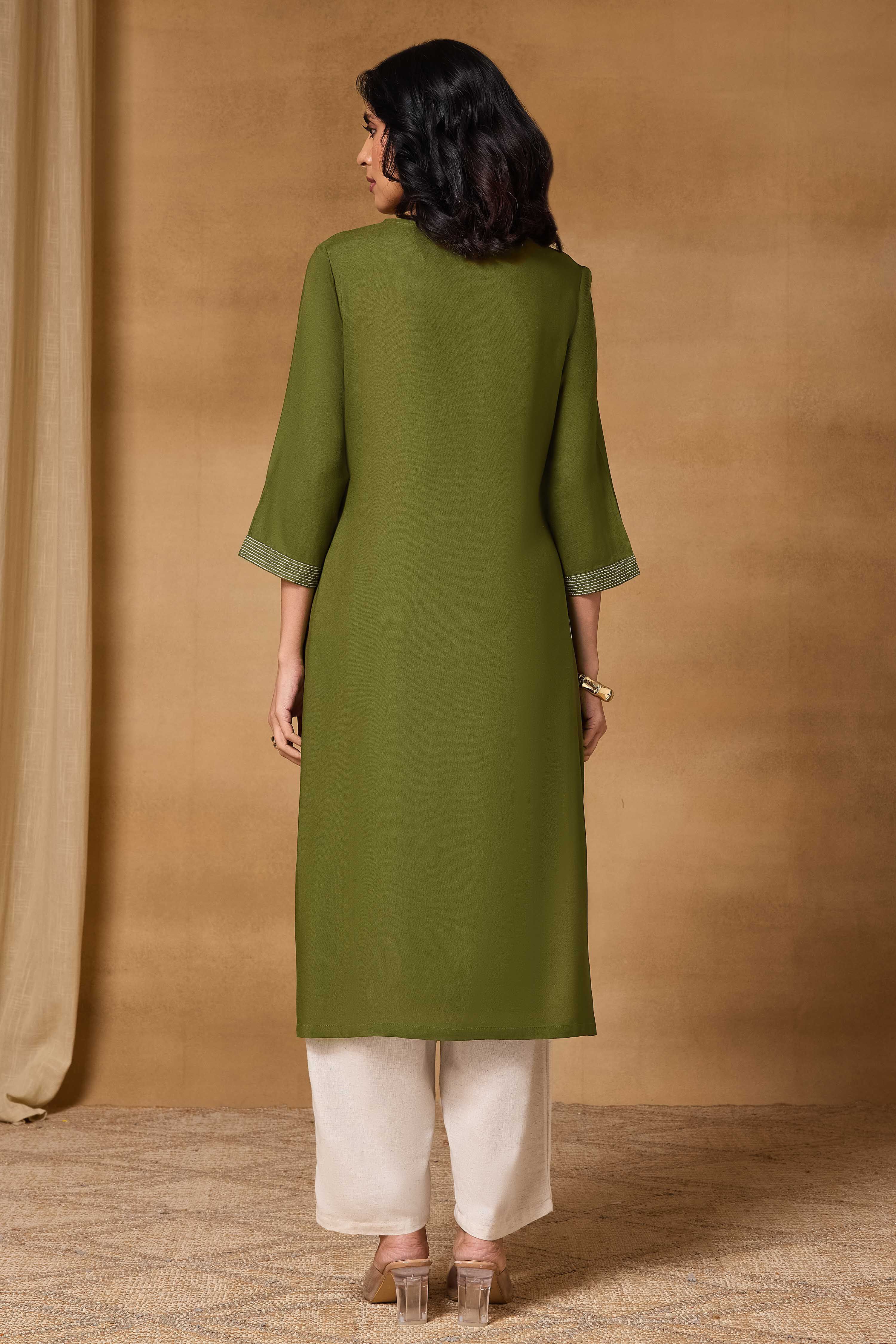 Olive Viscose Rayon Straight Printed Kurta image number 4