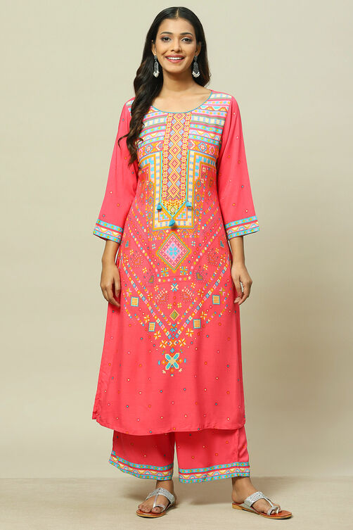 Pink Cotton Blend Woven Straight Kurta Suit Set image number 6