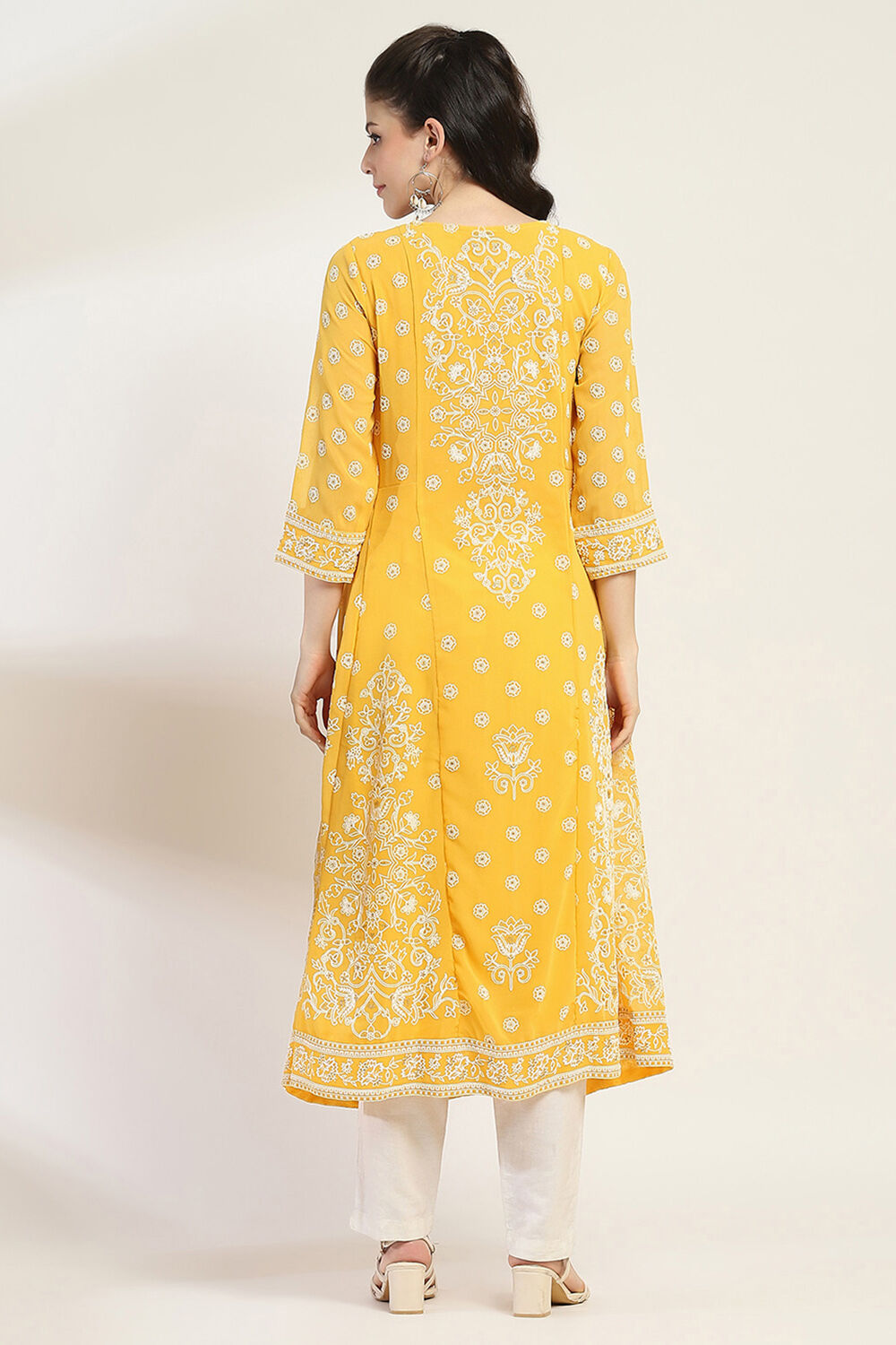 Mustard Yellow Printed Flared Kurta image number 3